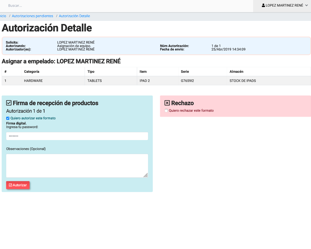 Asignación de equipos / inventario